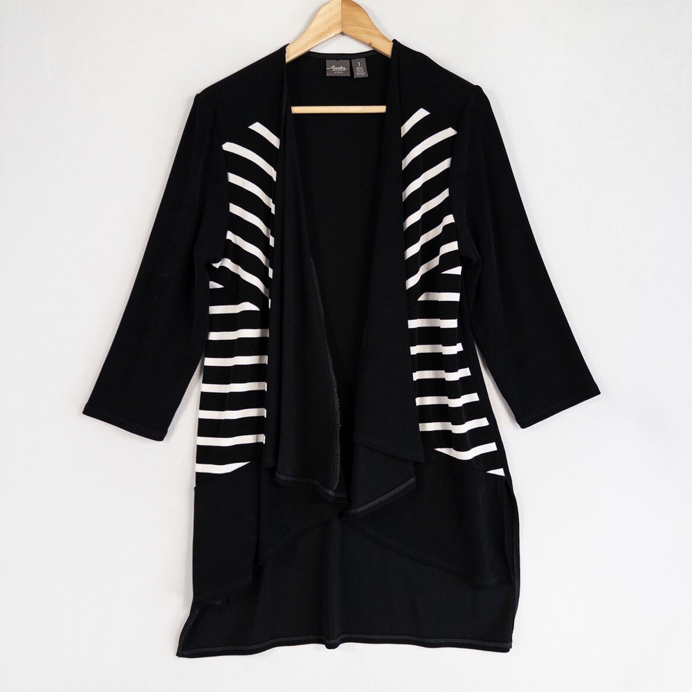 Chicos Travelers Cardigan Topper Sz 1 US Medium Black White Stripe Panels Slinky